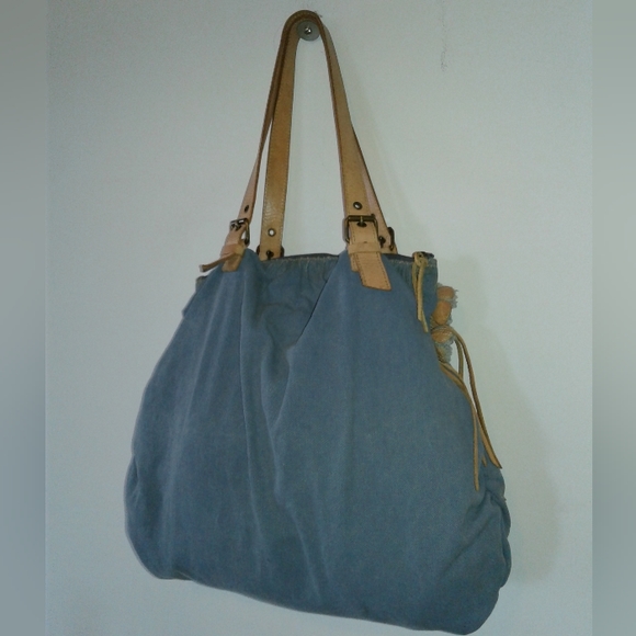 miu miu shoulder bag flower motif blue denim canvas tan leather tote hand-bag - Picture 2 of 11